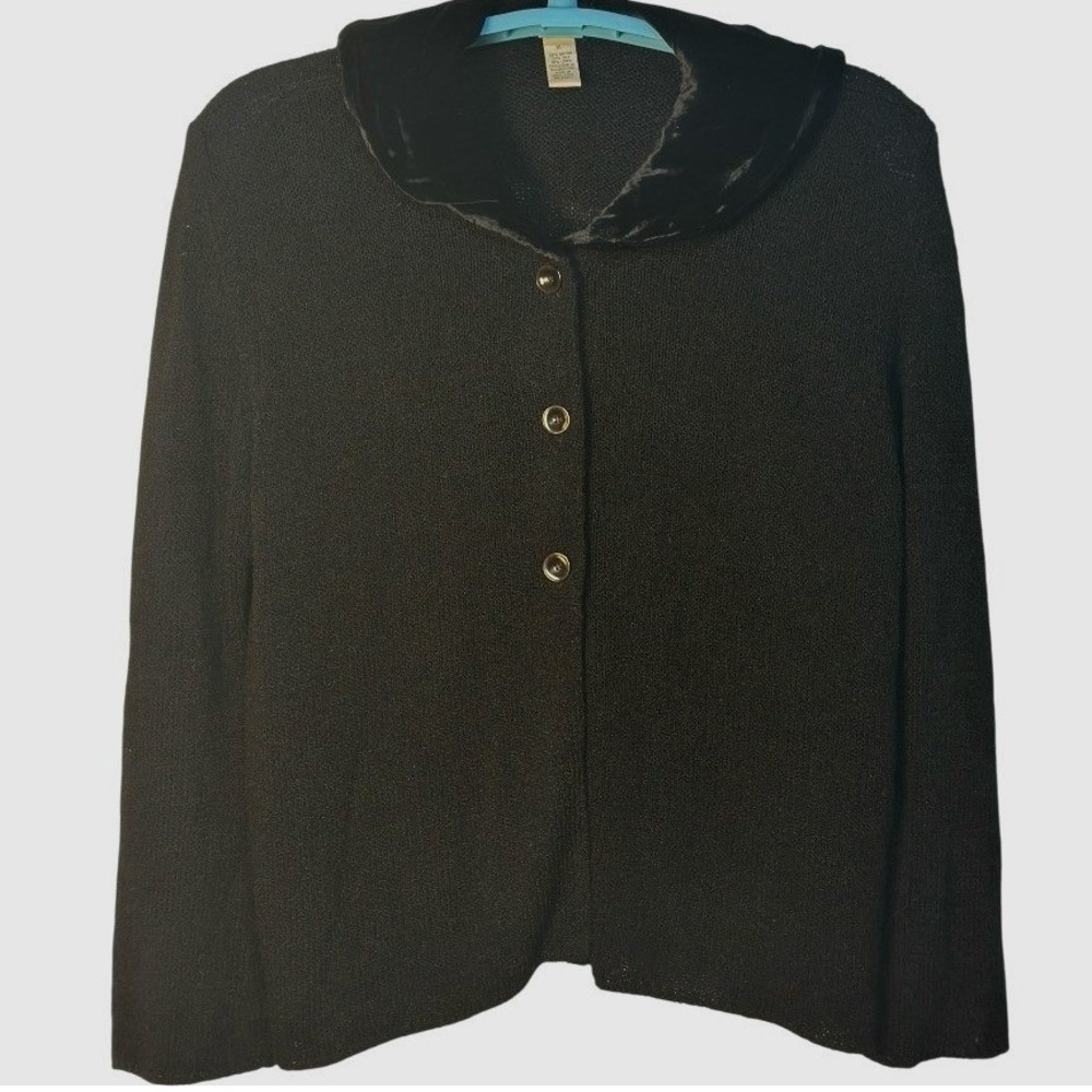 J Jill Cardigan Sweater Women Black Velvet Collar Silk Linen Dark Academia XL